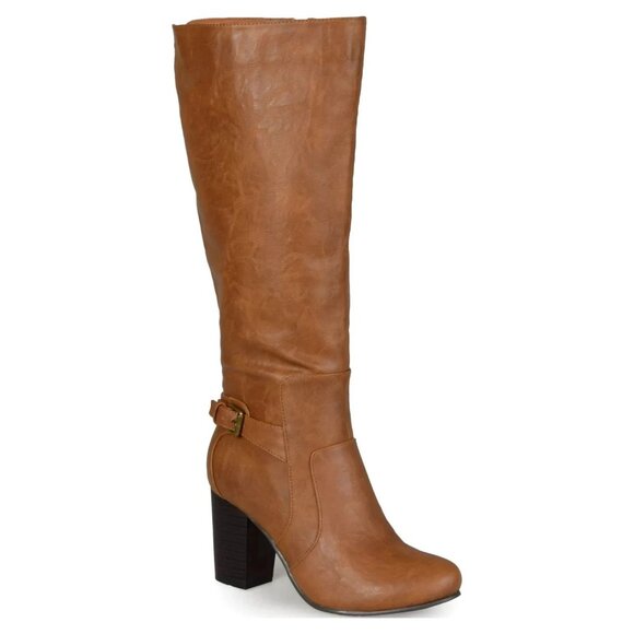 Journee Collection Carver High Boots Tan Faux Leather 9M Wide Calf MSRP $99 - Picture 1 of 5